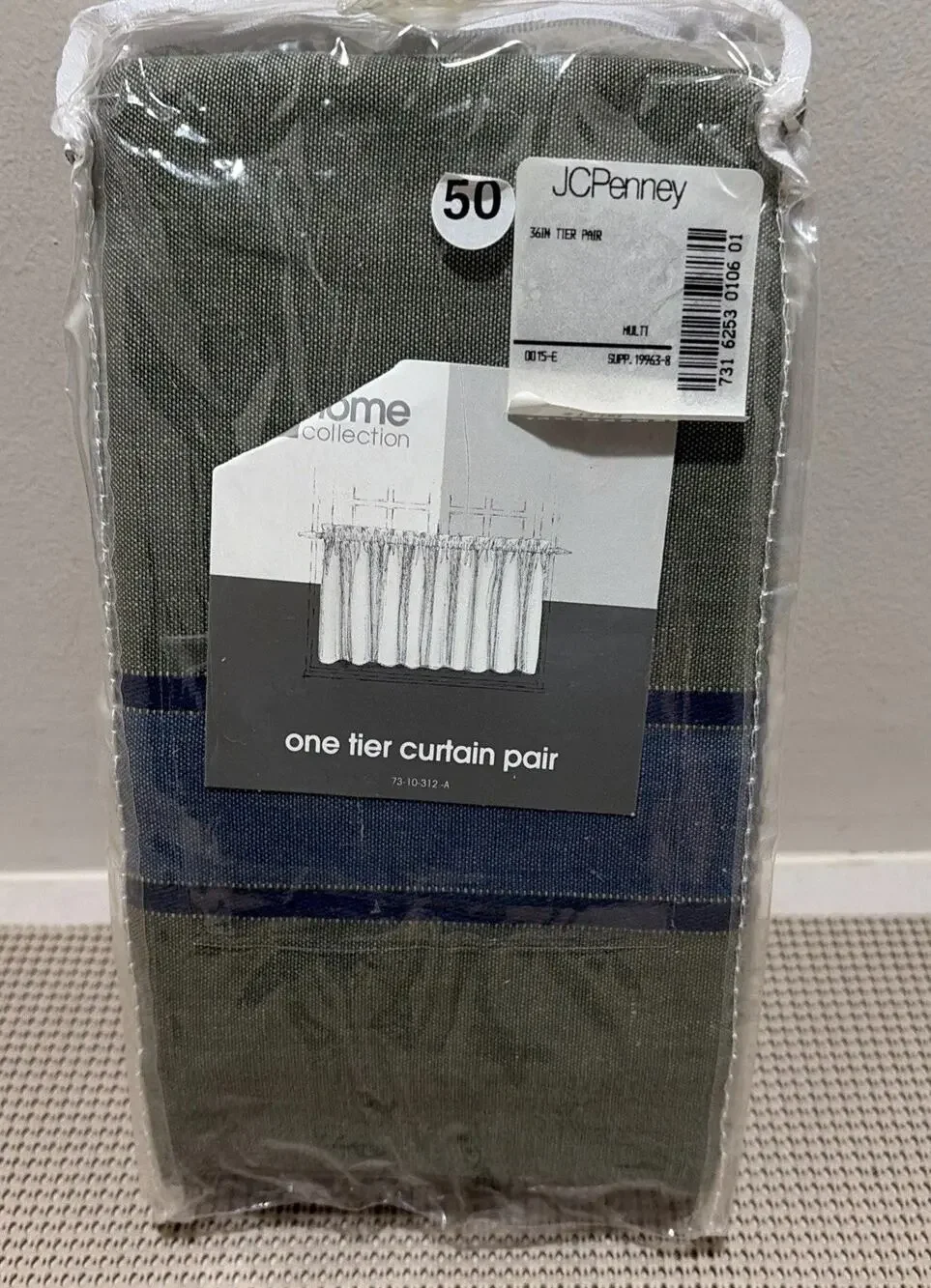 JCPenney Tier Curtain Pair Bradley Stripe Woven Cotton Olive Green Blue 36 in